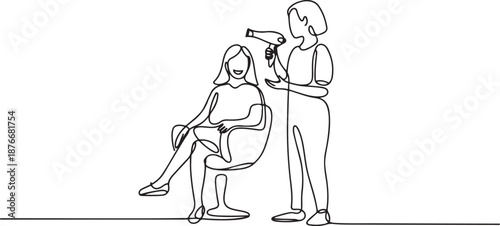 Single one line drawing happy young woman in hair salon. Going for change of style, discussing hairstyling with her hairdresser holding hair dryer. one line Icon drawing