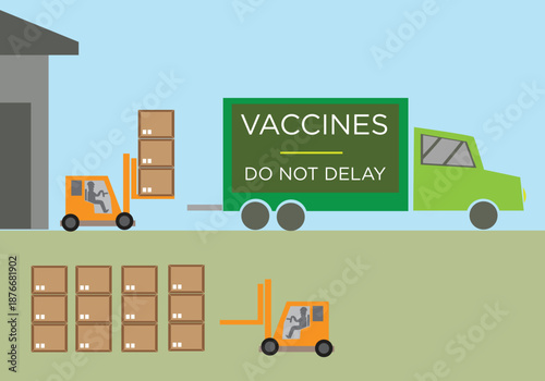 Vaccine logistics concept. Cargo boxes are being loaded for transport. Editable Clip Art