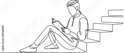 Single continuous line drawing modern young Arabian man reading book sitting on stairs. Smart male reader enjoying literature or studying, preparing for exam. one line Icon drawing