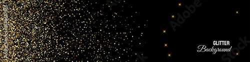 Luxurious black background with a shimmering golden glitter gradient, creating a sparkling and festive abstract texture for elegant designs.