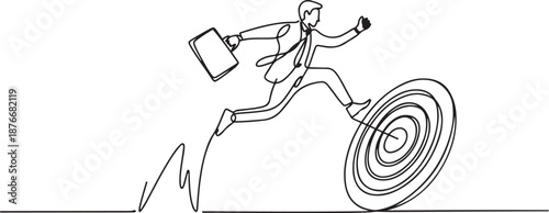 Single one line drawing businessman jumping on bigger target, successfully. Advancement in career or business growth concept. one line Icon drawing