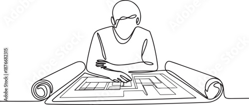 One single line drawing of young architect studying draft construction plan blueprint design. Building architecture business concept. one line Icon drawing