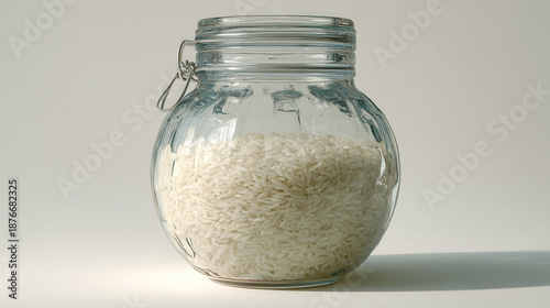 A transparent glass jar filled with raw white rice on a soft white background, with minimalist studio lighting that highlights the grain texture and the concept of clean food storage.
