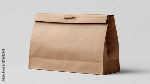 A regular brown paper food bag with a folded top and handle, standing upright on a neutral gray background.