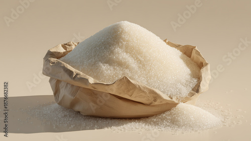 A pile of white granulated sugar spilling out of a crumpled brown paper bag onto a warm beige surface.