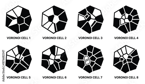Voronoi Cell Diagrams: Cellular Pattern Collection, Eight distinct Voronoi cell diagrams showcase unique geometrical formations.