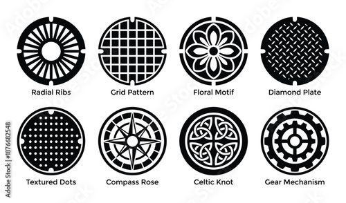 Manhole Cover Designs Vector Set, Including Radial Ribs, Floral Motif, Grid Pattern