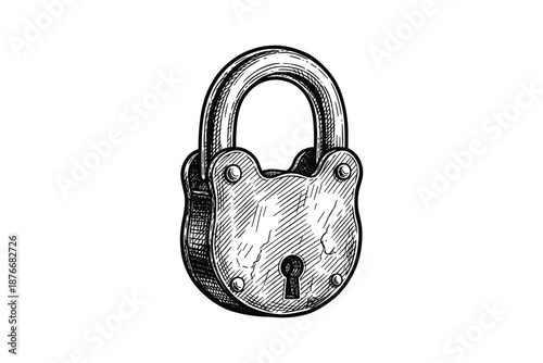 Detailed padlock illustration, security and protection, metal, old style lock.