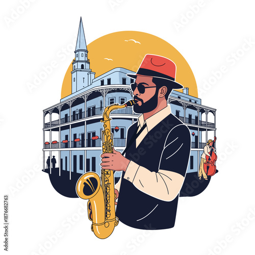 Jazz Saxophone Player in Historic Southern City Illustration
