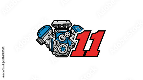 Car Engine with Number 11 - V8 Motor Graphic.
