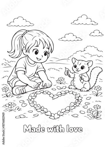 coloring book girl making a heart shape from stones together with a loving sugar glider