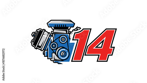 Hot Rod V8 Engine Number 14 Logo - Automotive Racing Performance Graphic Design.