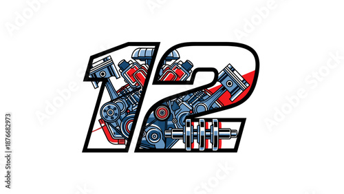 Racing Number 12 with Detailed Engine Components - Automotive Performance Design.