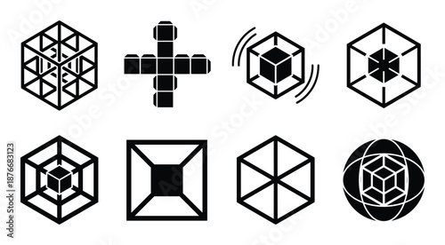 Isometric cube outline icon set. 3D geometrical wireframe objects. Box unfolding net design for packaging and presentation.