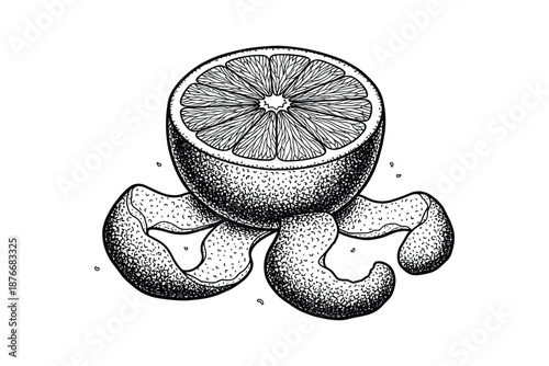 Half orange fruit with peel vector illustration in black and white style.