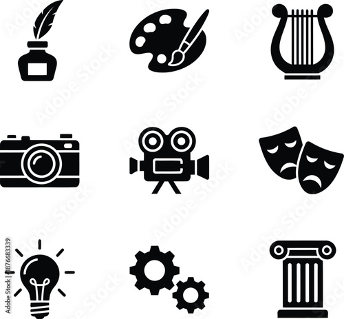 A diverse collection of black icons symbolizing various forms of art creativity and intellectual pursuits