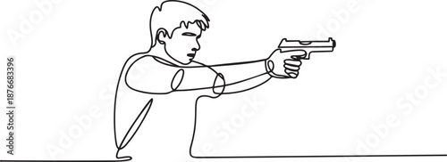 Single continuous line drawing of young athlete man shooter holding gun and training to aim target tactical shooting. Shooting sport training concept. one line Icon drawing