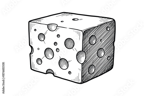 Swiss cheese cube drawing in black and white with holes and shading, food illustration, cheese block art