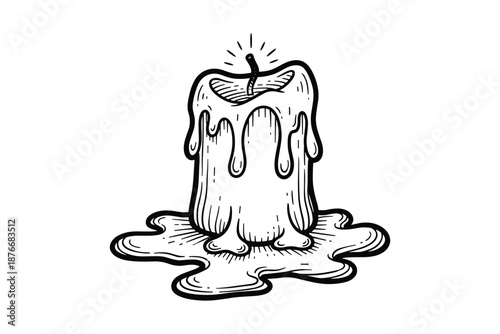 Melting candle illustration with wax drips and flame light effects in black and white sketch art style