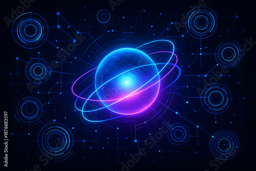 Glowing futuristic energy sphere with neon light rings and advanced digital technology network connections in virtual cyberspace background