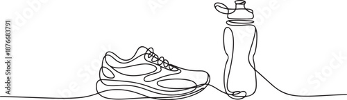 Single one line drawing sport sneakers and sport bottle. Fitness running or jogging concept. Idea of healthy and active lifestyle. Healthy lifestyle concept. one line Icon drawing