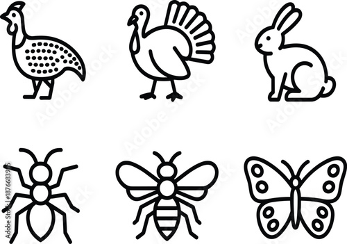 Cute Animal and Insect Line Icons Set Featuring Birds, Rabbit, Ant, Bee and Butterfly Nature Symbols for Wildlife and Farm Design Vector