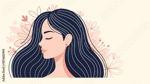 Serene profile portrait of a woman with long, dark wavy hair is set against a delicate backdrop of soft pink floral illustrations.