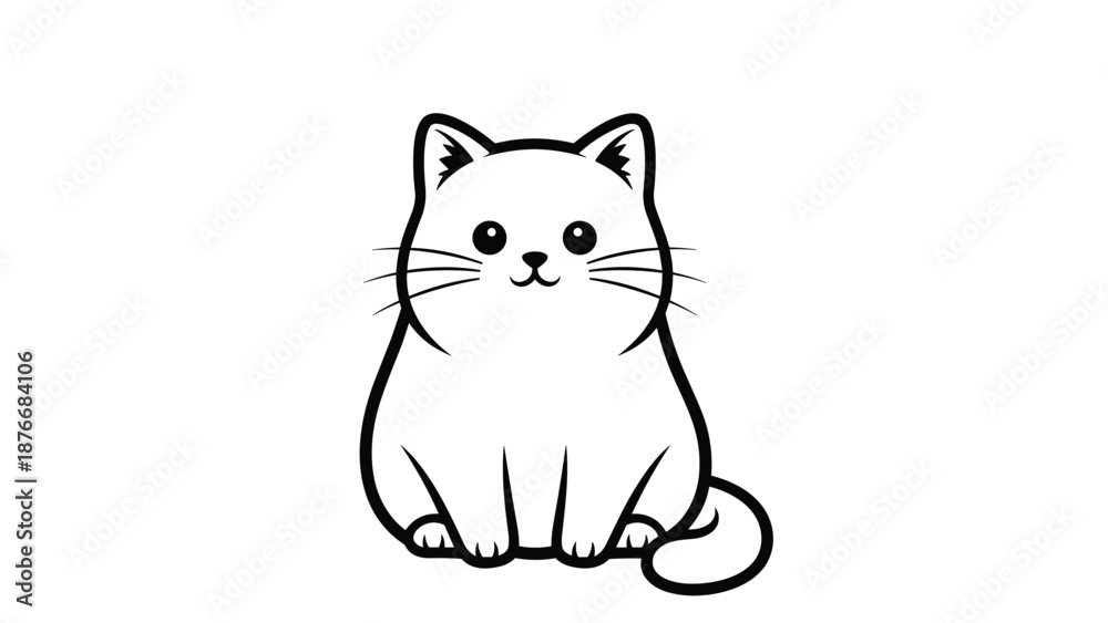 Fototapeta premium Adorable white cat illustration shows the cute pet sitting calmly with large black eyes and a friendly expression in a clean line style.