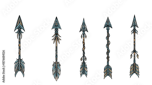 Set of five decorative tribal arrows features intricate patterns feathers and beads in a vintage ethnic style with earthy and blue tones.