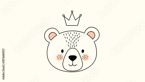 Cute baby bear head wears a small black crown with pink blushing cheeks and freckles in a simple and charming nursery illustration style.