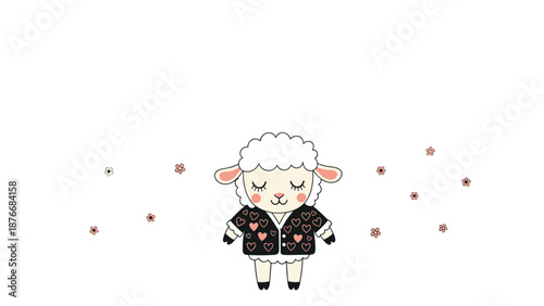 Adorable sheep character stands peacefully wearing a black and pink heart patterned jacket in a sweet and cozy nursery illustration art.