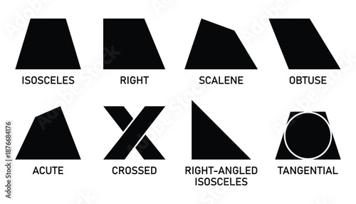 Trapezoid Shapes Types Vector Illustration: Isosceles, Right, Scalene, Obtuse, Acute, Crossed, Isosceles Right Angled, Tangential