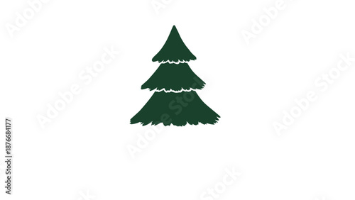 Simple and dark green evergreen pine tree illustration is centered on a clean white background to represent nature forest or holidays.