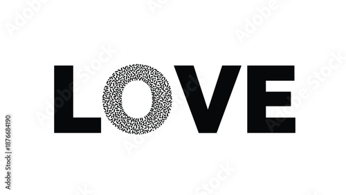 Creative love text design features solid black letters and a textured circle for the letter o to represent an artistic modern expression.