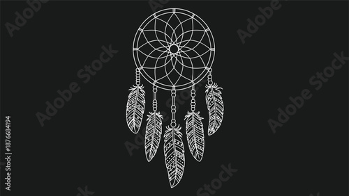 Intricate white line art dreamcatcher with circular web patterns and hanging feathers isolated on a dark black background.
