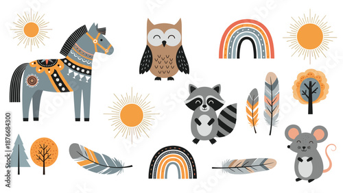 Adorable collection of nursery-style illustrations features woodland animals, bright suns, colorful rainbows, feathers, and stylized autumn trees.