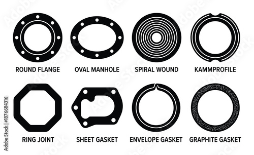 Gasket types vector set: Round flange, oval manhole, spiral wound, kammprofile, ring joint, sheet gasket, envelope, graphite