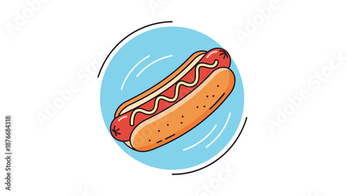 Appetizing cartoon illustration of a classic hot dog with mustard on a soft bun set within a blue circular background frame.