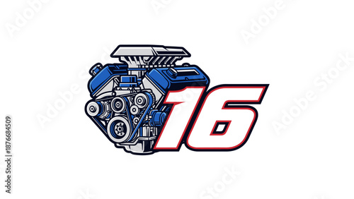 V8 Engine with Number 16 - Automotive Power and Speed.