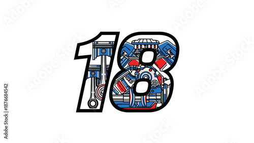 Number 18 Made of Engine Parts Automotive Mechanical Design.