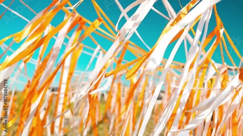 Close-up of orange and white ribbons fluttering in the wind against blue sky in slow motion. Festive color ribbon design element. Traditional spring and summer fair decoration. High quality FullHD