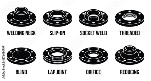 Types of Pipe Flanges Vector Set: Welding Neck, Slip-On, Socket Weld, Threaded, Blind, Lap Joint, Orifice, Reducing