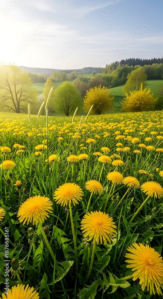 Fototapeta premium Vibrant field of yellow dandelions under a bright sunny sky