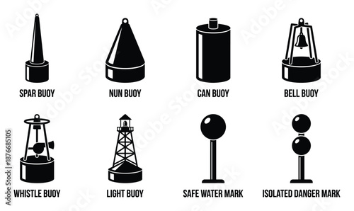 Nautical Buoys Types Illustration, Spar Buoy, Nun Buoy, Can Buoy, Bell Buoy, Whistle Buoy, Light Buoy, Safe Water Mark, Isolated Danger Mark