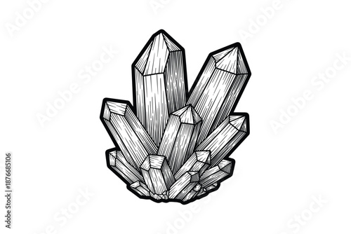 Detailed black and white drawing of clustered quartz crystals illustration art