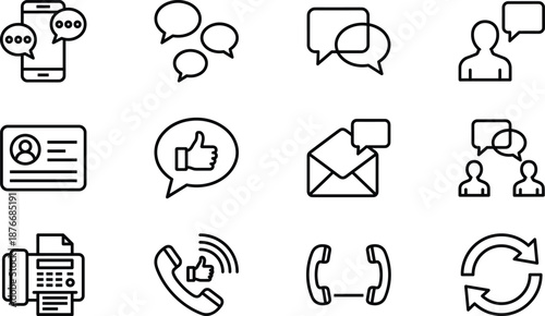 Professional Communication Line Icon Set Featuring Mobile Messaging Customer Support Chat Bubbles Feedback Thumbs Up Email Contact Phone Conversation Business Interaction and Social Media Symbols