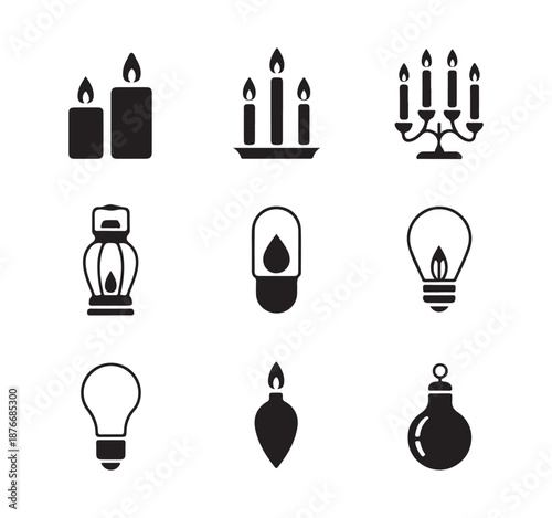 Christmas holiday candles candelabra and light bulb simple silhouette vector icon set isolated on white