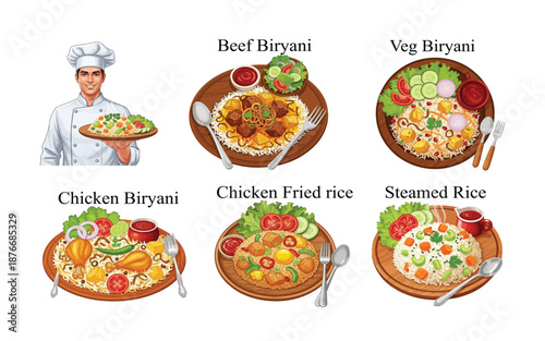 A cheerful chef presenting various delicious rice dishes including biryani and fried rice. Food vector Icons Set.
