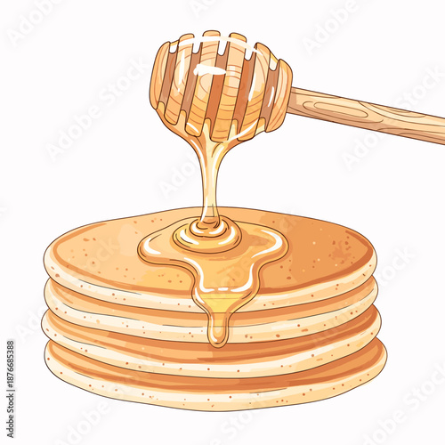 Stack of pancakes with honey dripping from wooden dipper for Maslenitsa  