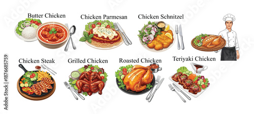 An inviting array of diverse chicken dishes, from butter chicken to roasted whole chicken, perfectly presented. Food vector Icons Set.